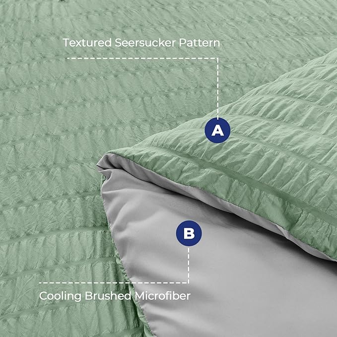 HYMOKEGE Sage Green/Light Grey Twin XL Comforter Set Seersucker 5 Pieces, All Season Luxury Bed in a Bag for Bedroom, Bedding Set with Comforter, Sheets, Pillowcase & Sham