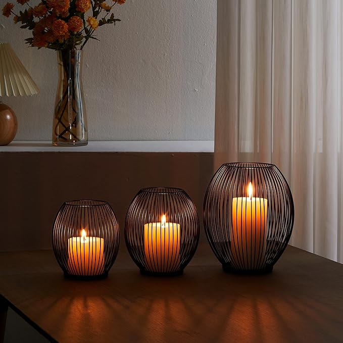 OLEEK Small Outdoor Candle Holders for Patio - Pillar Candle Holder - Black Wire Candle Holder for Table Centerpiece - Iron Lantern Decorative Candles - Farmhouse Decor Fireplace Metal Candle Holders