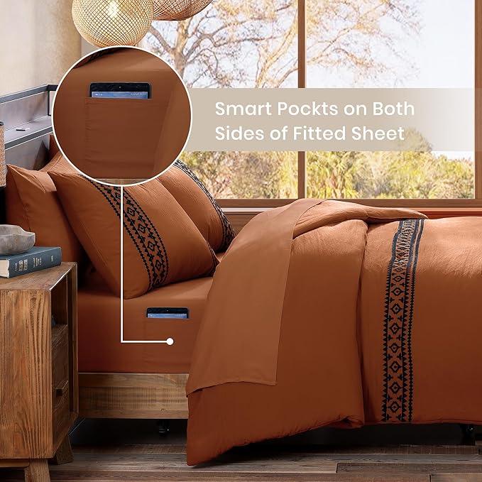 MaiRêve California King Comforter Set Burnt Orange, Embroidery Western Bedding Set Boho 7 Pieces, Farmhouse All-Season Bed in A Bag with Sheets, Pillowcases & Shams