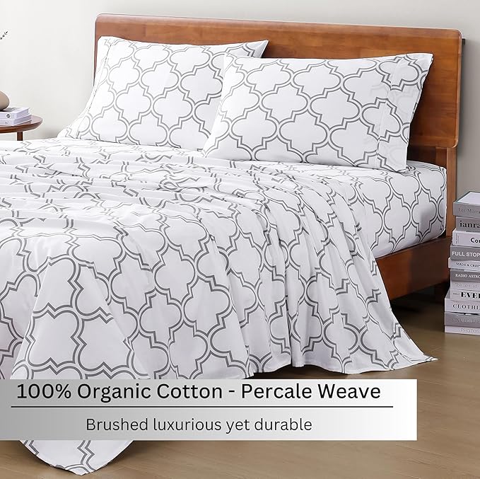 LANE LINEN Eco Friendly 100% Organic Cotton Printed Twin Sheet Set, Soft & Comfy Hotel Style Percale Sheets, Low Pilling Naturally Temperature Regulating Cotton Printed Bed Sheet - Trellis Pattern