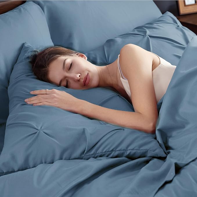 Bedsure Twin Comforter Set Mineral Blue - Bed in a Bag Twin Size Bedding 5 Pieces, GentleSoft™ Pintuck Bed Set Gift for Family, Pinch Pleat Mineral Blue Comforter with Sheets, Pillowcase & Sham