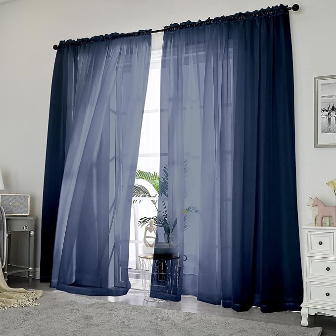 OWENIE Blue Sheer Curtains, Sheer Curtains 84 inch Length 2 Panels Set, Rod Pocket Voile Fimly Sheer Drapes for Living Room/Bedroom, 2pcs, Each 42" W x 84" L, Navy Blue