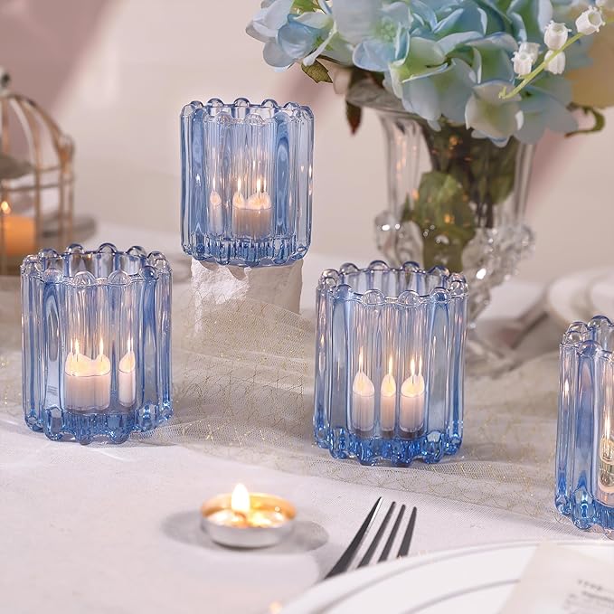 6 PCS Votive Candle Holder, Blue Glass Candle Holders, Tealight Candle Holder for Wedding Centerpieces Dinner Party Baby Shower Table Decor