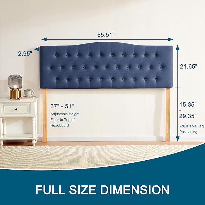 Tufted Upholstered Headboard Full Size, Sturdy and Durable Solid Wood Full XL headboard, Fabric Headboard Adjustable Height from 37” to 51”, Modern Button Diamond Design Head Board, Blue