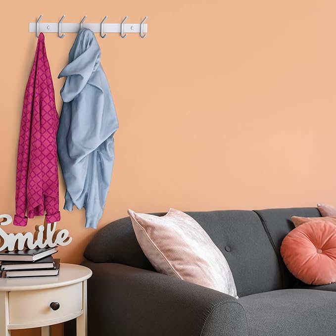 White Coat Rack Wall Mount – 17 Inch Stainless Steel Hook Rail with 6 Heavy Duty Double Coat Hooks – Wall Mounted Coat Hanger for Entryway, Bathroom, Bedroom, Towel, Hat Organizer