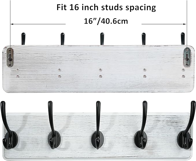 WEBI Coat Rack Wall Mounted,Coat Hooks Wall Mount,16" Hole to Hole,Large Coat Hanger Wall,5 Hooks for Hanging Coats,Hats,Jacket,Clothes,Entryway,Black/White,2 Packs