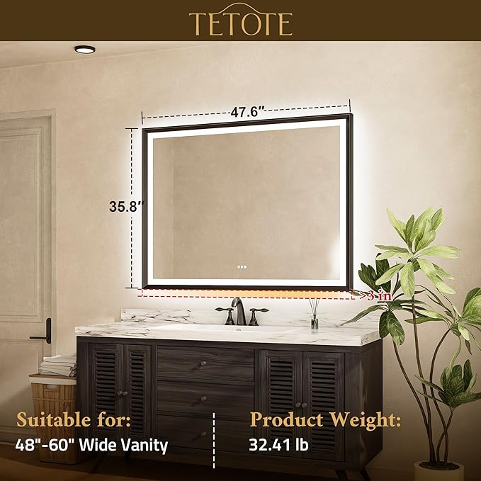 TETOTE 48x36 LED Mirror for Bathroom Gold Metal Frame Frontlit & Backlit Lighted Vanity Mirror Baroque Anti Fog Stepless Dimmable White/Warm/Natural,CRI90+,Waterproof,Wall Mounted(Horizontal/Vertical)