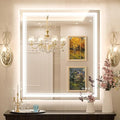 Keonjinn LED Bathroom Mirror 32" x 36" Frontlit and Backlit, Large Stepless 3 Colors Temperature & Dimmable Wall Mirror, UL Listed LED Driver Double LED Strip, Anti-Fog Frameless Tempered Glass Mirror