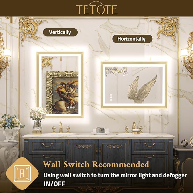 TETOTE 48x36 LED Mirror for Bathroom Gold Metal Frame Frontlit & Backlit Lighted Vanity Mirror Baroque Anti Fog Stepless Dimmable White/Warm/Natural,CRI90+,Waterproof,Wall Mounted(Horizontal/Vertical)