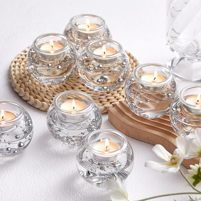 8 Pcs Glass Clear Votive Floating Candle Holders with 8 Pcs Bright Pearl String Beads, Tealight Bowl Candle Holder Bulk for Wedding Centerpiece Home Bridal Shower Party Decor (Silver)