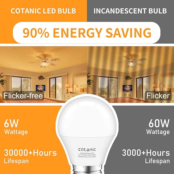 Cotanic 8 Pack LED Ceiling Fan Light Bulbs 2700K Warm White, A15 Small Bulb E26 Medium Screw Base, 6W Chandelier Light Bulb 60W Equivalent, 600lm, Non-Dimmable