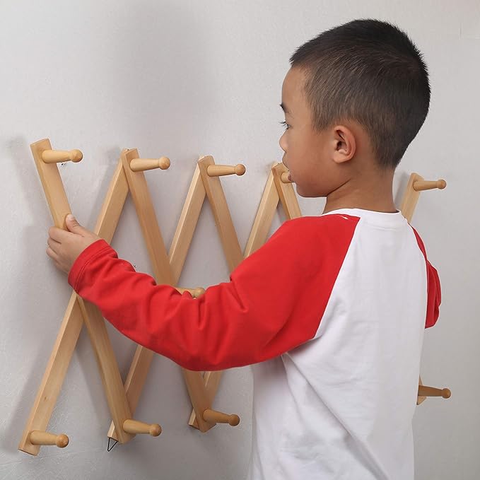 WEBI Accordion Wall Hanger,Expandable Wooden Hat Rack for Wall Mounted Coat Rack,Accordion Hat Hooks Holder for Baseball Caps,17 Peg Hooks,Natural
