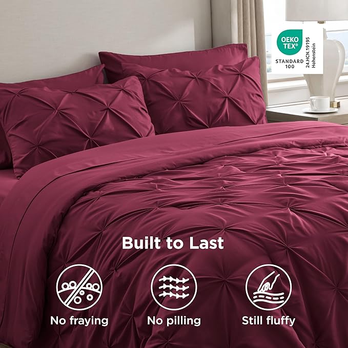 Bedsure California King Comforter Set Burgundy - Bed in a Bag Cal King Bedding Set 7 PCS, GentleSoft™ Pintuck Bed Set Gift for Family, Pinch Pleat Burgundy Comforter with Sheets, Pillowcases & Shams