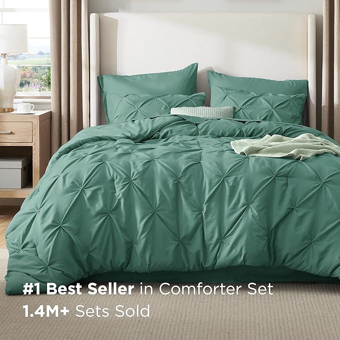 Bedsure King Size Comforter Set Graysih Green - Bed in a Bag Bedding Set 7 Pieces, GentleSoft™ Pintuck Bed Set Gift for Family, Pinch Pleat Graysih Green Comforter with Sheets, Pillowcases & Shams