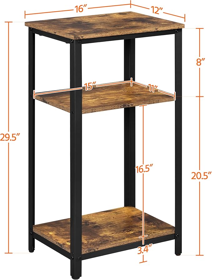 Yaheetech Tall End Table Set of 2, 16x12x29.5 inch Industrial Side Table with Strong Wooden Shelves, 2PCS Slim 3-Tier Telephone Table with Metal Frame for Living Room, Small Places - Rustic Brown