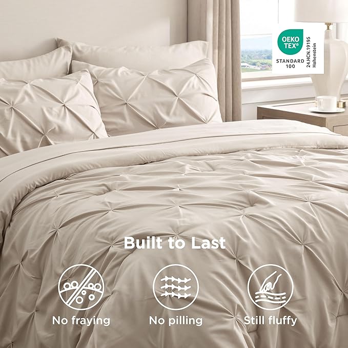 Bedsure Twin Comforter Set Beige - Bed in a Bag Twin Size Bedding 5 Pieces, GentleSoft™ Pintuck Bed Set Gift for Family, Pinch Pleat Beige Comforter with Sheets, Pillowcase & Sham