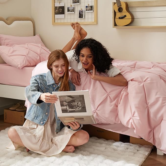 Bedsure Twin XL Comforter Set - Extra Long 5 Pieces Dorm Bedding Sets, Pinch Pleat Pink Bed in a Bag with Comforter, Sheets, Pillowcase & Sham