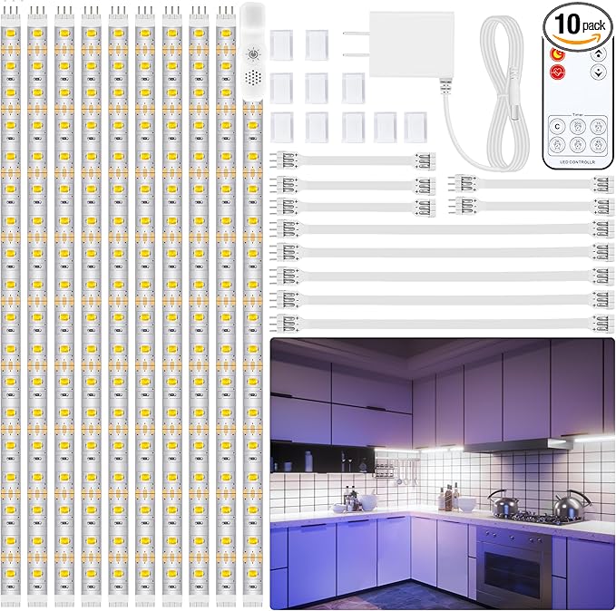 LAFULIT 10 PCS Under Cabinet Lights Kit, Stick on Lights, Flexible Led Strip Lights with Remote and Power Adapter,for Kitchen Cabinets Shelf Desk Counter Corner, 6000K Daylight White, 16.4ft