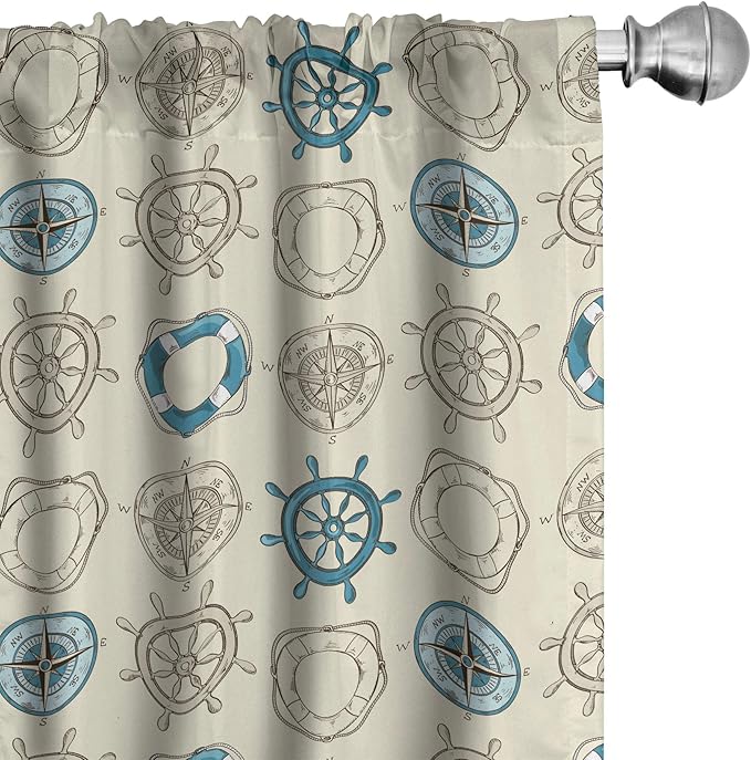 Ambesonne Compass Window Curtains, Marine Themed Doodle Art Vintage Inspirations Traveling Exploration Cruise Pattern, Lightweight Decor 2-Panel Set with Rod Pocket, Pair of - 28" x 84", Beige Teal