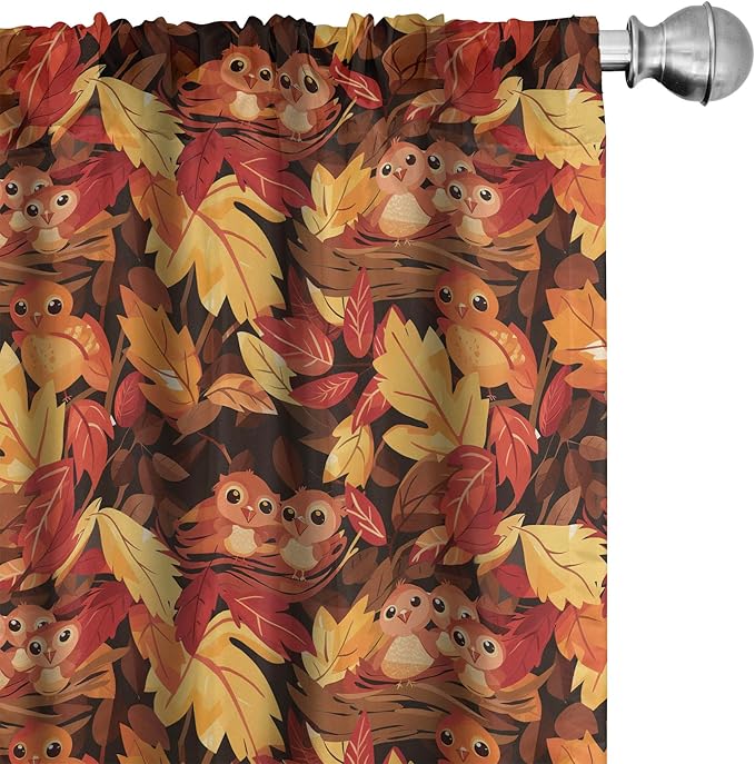 Ambesonne Fall Window Curtains Pack of 2, Happy Autumnal Colors with Birds in Nests Cartoon Illustration Print, Lightweight Set with Rod Pocket, 4 Panels of - 28" x 84", Cinnamon Amber and Orange