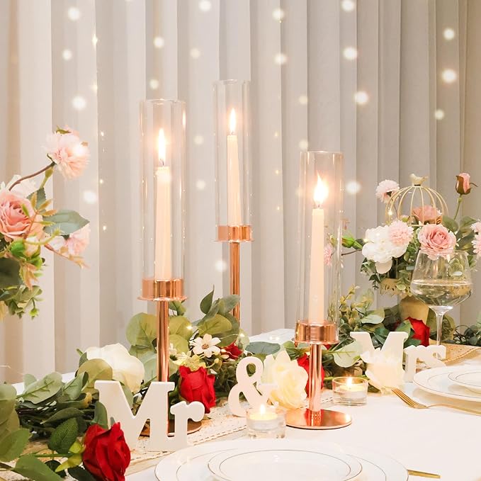 Hurricane Candle Holders Set of 6 Metal Candlestick Holder for Glass Taper Tall Candle Holders with Crystal Chimney Tube Candles Stands for Home Decor, Christmas, Dinning (6, Rose Gold)