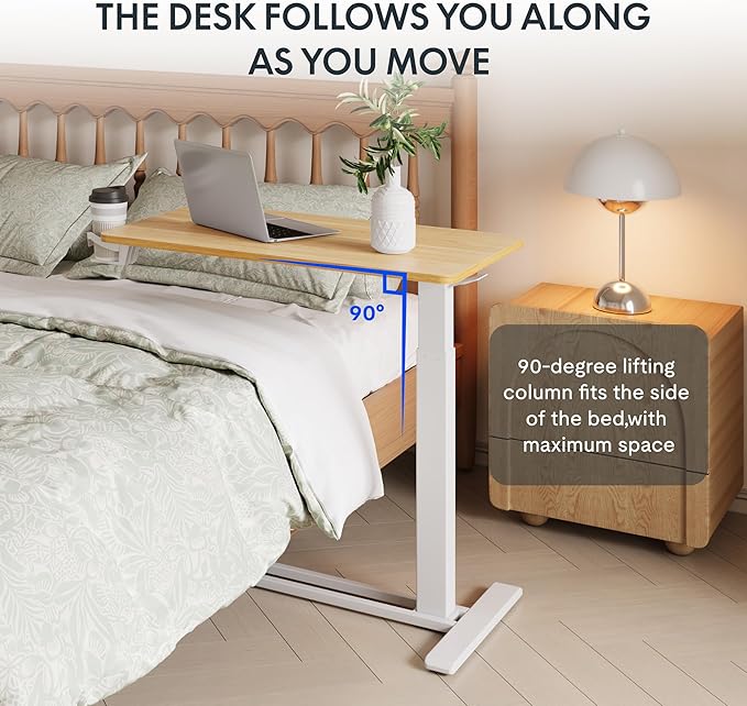 FLEXISPOT H7 Adjustable Overbed Bedside Table with Wheels Pneumatic Mobile Standing Desk Laptop Desk Rolling Computer Cart Movable Table Hospital Home Use(31.5" W x 17.7" D, Maple Large)