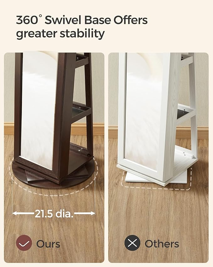 SONGMICS 360° Swivel Jewelry Cabinet, Lockable Jewelry Organizer with Full-Length Mirror, Rear Storage Shelves, Interior Mirror, Jewelry Armoire, Christmas Gifts for Women, Gift Idea, Brown UJJC006R01