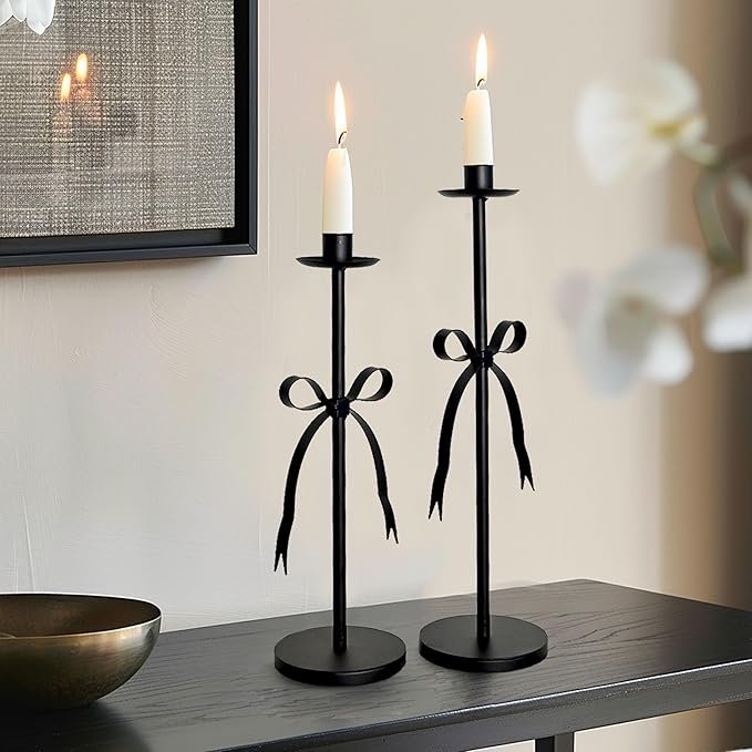 Black Taper Candle Holder Set of 2-Metal Bow Candle Sticks Holder Decor,Modern Tall Candle Holder,Decorative Candlesticks for Fireplace, Wedding, Holiday & Christmas