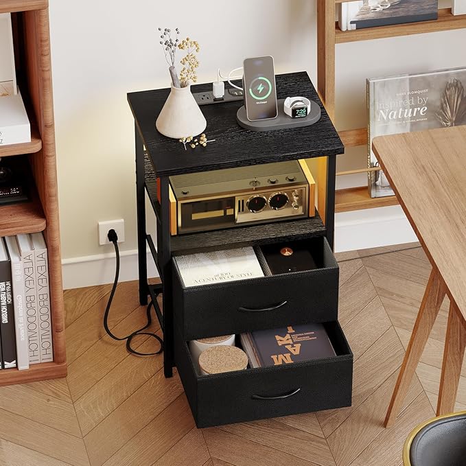 Fixwal Nightstand Set of 2 Night Stand with Charging Station, LED Nightstand with Fabric Drawers, End Table with PU Finish, Bed Side Table, Black