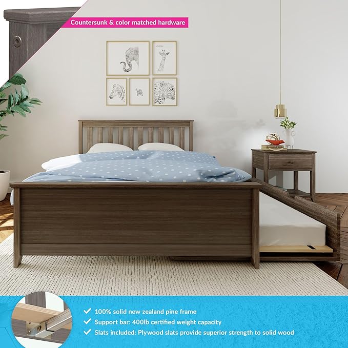 Max & Lily Full Bed, Wood Bed Frame with Headboard For Kids with Trundle, Slatted, Clay