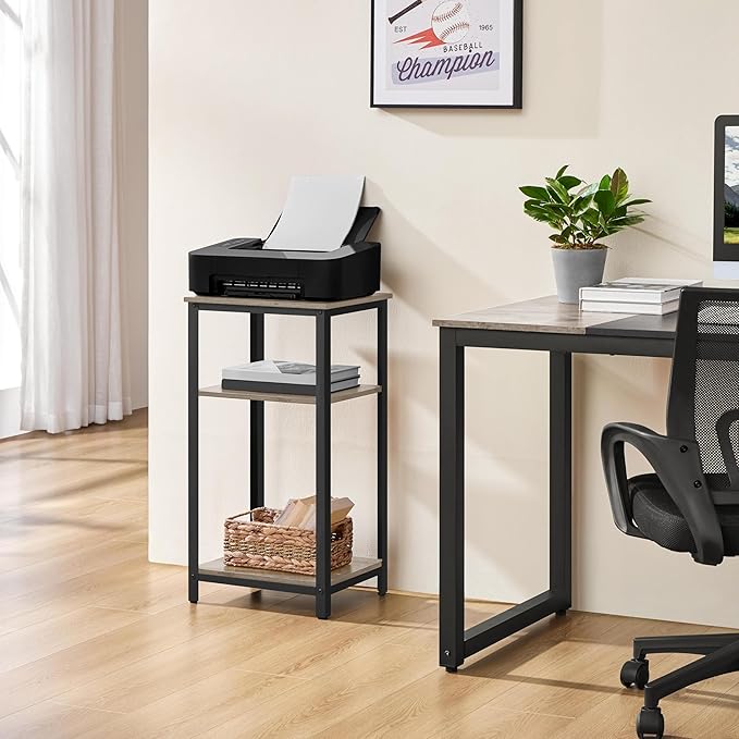 Yaheetech Tall End Table Set of 2, 18x14x29.5 inch Industrial Side Table with Strong Wooden Shelves, 2PCS Slim 3-Tier Telephone Table with Metal Frame for Living Room, Small Places - Gray