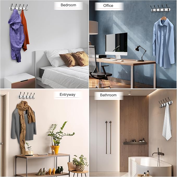 Coat Rack Wall Mount with 5 Tri Hooks, Stainless Steel 16 Inch – White & Black Matte Finish, Heavy Duty Wall Mounted Hook Rack for Coats, Hats, Towels, Scarfs, Robes, Bags, Entryway & Bathroom, 3 Pack