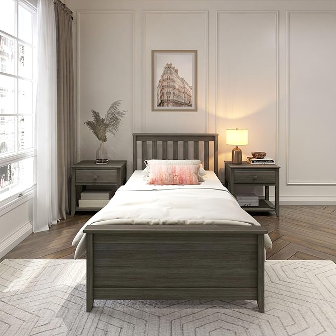 Plank+Beam Solid Wood Twin Bed Frame, Platform Bed with Headboard, Clay