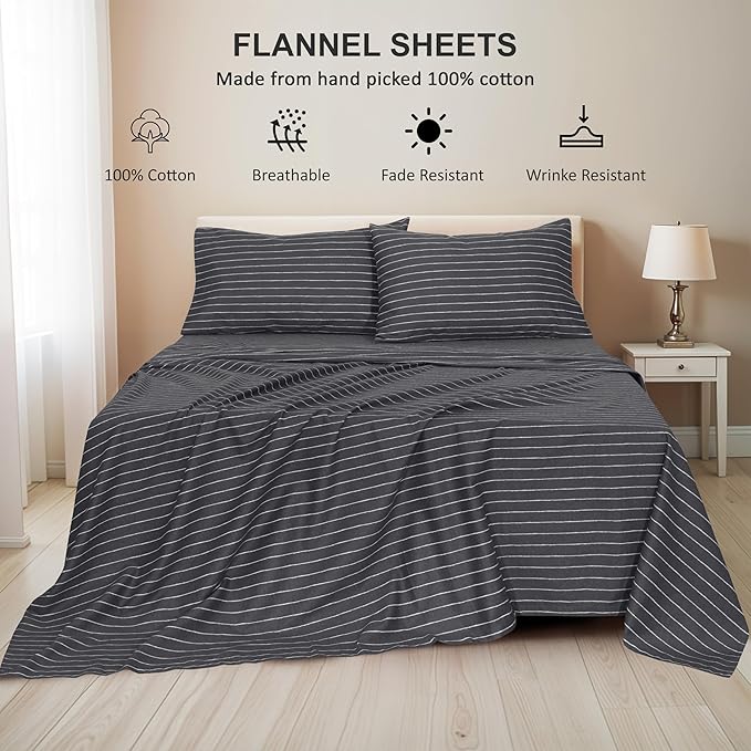 RUVANTI Flannel Sheets Queen Size - 100% Cotton Double Brushed Bed Sheets, Deep Pockets 16 Inches Queen Sheet Set, All Seasons Breathable & Extra Soft - Warm & Cozy, 4 Piece, Pinn Stripe