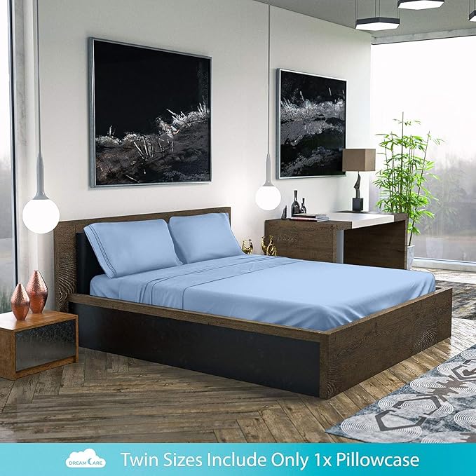 DREAMCARE Twin XL Sheet Sets – 3pcs Cooling Sheets – up to 21” Extra Deep Pocket Twin XL Sheets Set – Hotel Luxury Sheets & Pillowcases – Superior Softness 100% Fine Microfiber with Side Pocket – Blue