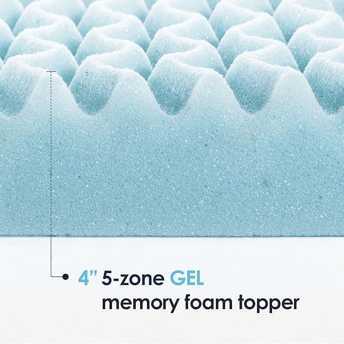 Mellow 4 Inch 5-Zone Memory Foam Mattress Topper, Cooling Gel Infusion, Dorm Essentials, Queen Blue