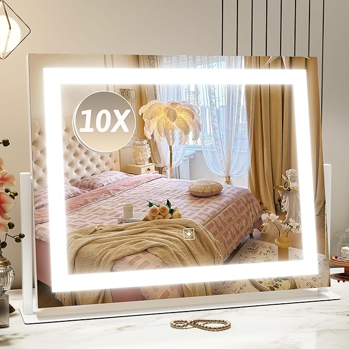 Vanity Mirror with Lights 22"x18", Lighted Makeup Mirror with 10X Magnification, Smart Touch 3 Colors Dimmable, 360° Rotation, Women Gift, Dresser Mount, Bathroom (White)