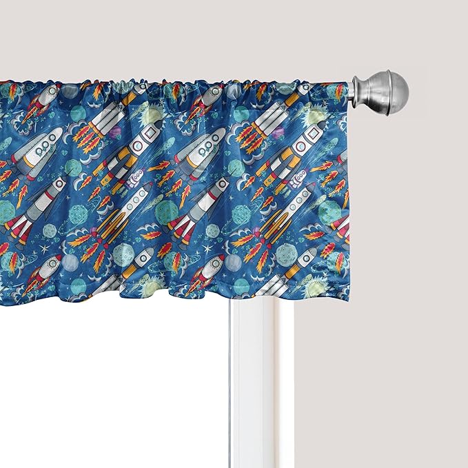 Ambesonne Spaceship Window Valance, Hand-Drawn Cartoon Spaceships Planets and Stars Outer Space Exploration Theme, Curtain Valance for Kitchen Bedroom Decor with Rod Pocket, 42" x 12", Violet Blue
