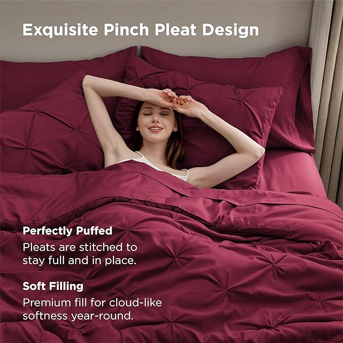 Bedsure California King Comforter Set Dark Red - Bed in a Bag Cal King Bedding Set 7 PCS, GentleSoft™ Pintuck Bed Set Gift for Family, Pinch Pleat Dark Red Comforter with Sheets, Pillowcases & Shams
