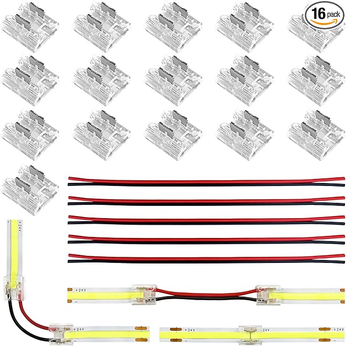 JACKYLED 8mm 2Pin FCOB COB LED Light Strip Connectors Kit, 16pcs Transparent Connectors & 5pcs 15cm Long 22AWG Extension Wires for Gapless Connection, FCOB 2 pin Single Color Strip Corner Connection
