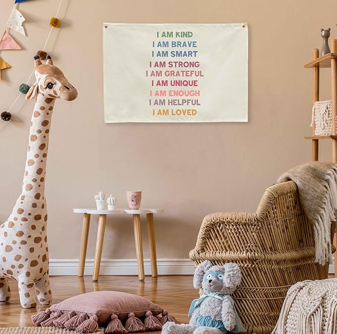 Boho Rectangular Banner Flag Wall Sign Decor Gift for Baby Boy Girl Kids,Positive Nursery Classroom Above Crib Bedroom Playroom Reading Room Essential Wall Decor- Christmas Gift I am Kind I am Brave
