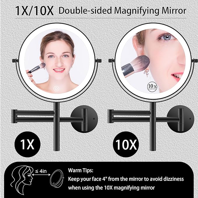 8" Wall Mounted Makeup Mirror with Handle, 3 Color Lights Dimmable and 1X/10X Magnification, Rechargeable Bathroom Wall Mount Magnifying Mirror with Extension Arm Height Adjustable Black
