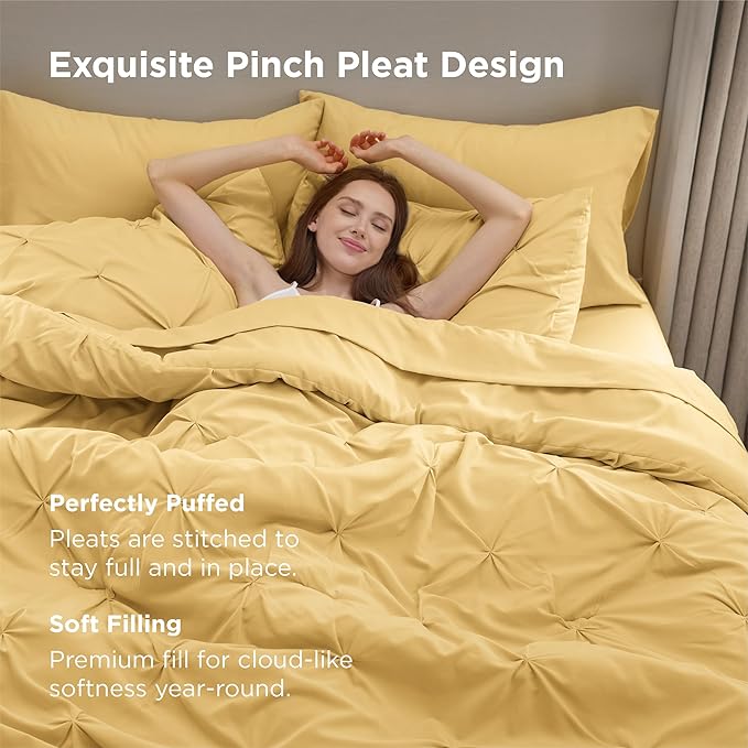 Bedsure California King Comforter Set Yellow - Bed in a Bag Cal King Bedding Set 7 Pieces, GentleSoft™ Pintuck Bed Set Gift for Family, Pinch Pleat Yellow Comforter with Sheets, Pillowcases & Shams