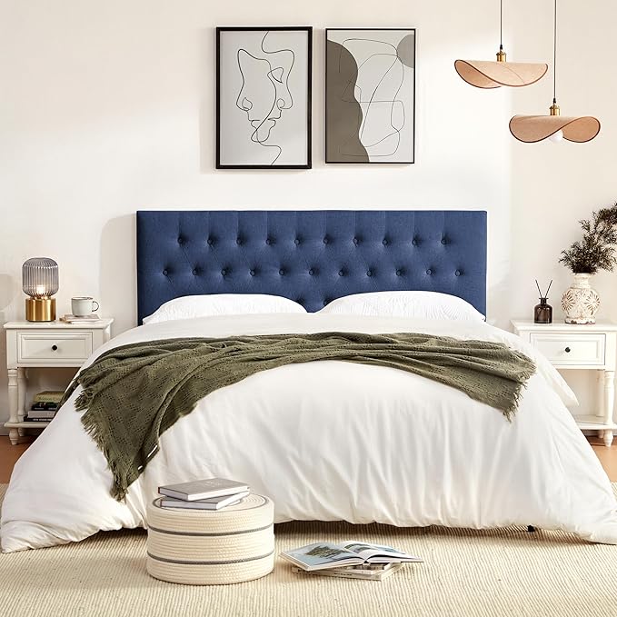 Tufted Upholstered Headboard Full Size, Solid Wood Head Board with Durable Metal Legs, Adjustable Height Full XL headboard from 37” to 51” Fabric Headboard in Modern Button Design, Blue