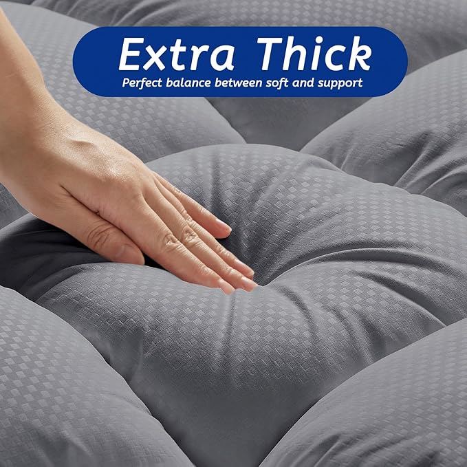 Queen Size Mattress Topper for Back Pain, Cooling Extra Thick Mattress Pad Cover with 8-21 inch Deep Pocket, Plush Pillow Top Mattress Topper Overfilled with Down Alternative, Queen Size, Dark Grey
