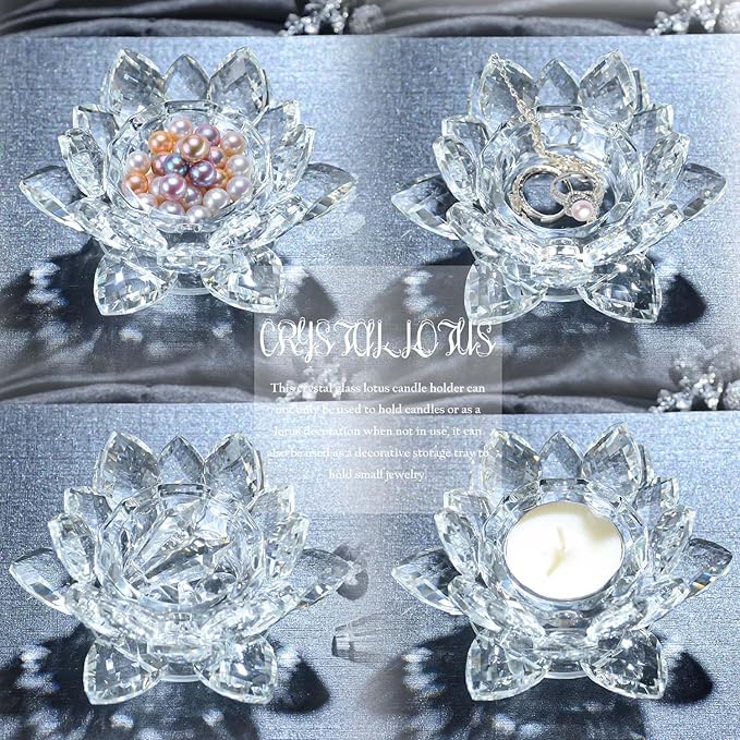 Crystal Lotus Flower Tealight Candle Holders/Glass Tea Light Candlestick Decor Decoration for Christmas Home Wedding Party… (Clean 1pc)