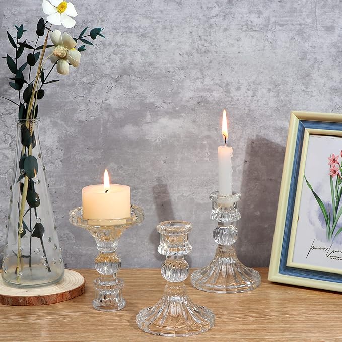 DARJEN Candlestick Holders Set, 4" H Taper Candle Holders Bulk, 12Pcs Glass Candle Holders for Wedding, Festival, Party & Windowsill Decor