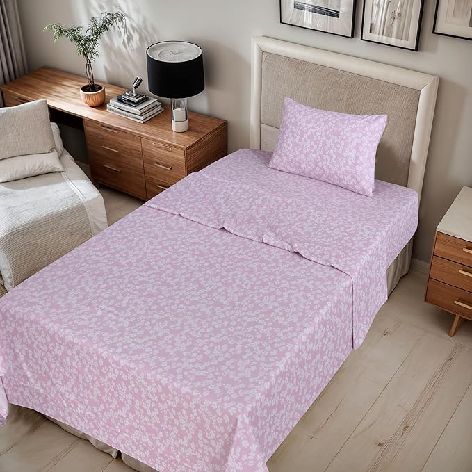 RUVANTI Flannel Sheets Twin Size - 100% Cotton Double Brushed Twin Sheets Set, Deep Pockets 16 Inches, All Seasons Breathable & Extra Soft Bed Sheets, Warm & Cozy, 3 Piece, Pink Flora