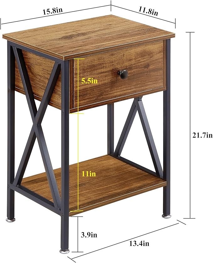 VECELO Nightstands Set of 2, Modern Bedside End Tables, Night Stands with Drawer and Storage Shelf for Living Room Bedroom, Industrial Metal Frame
