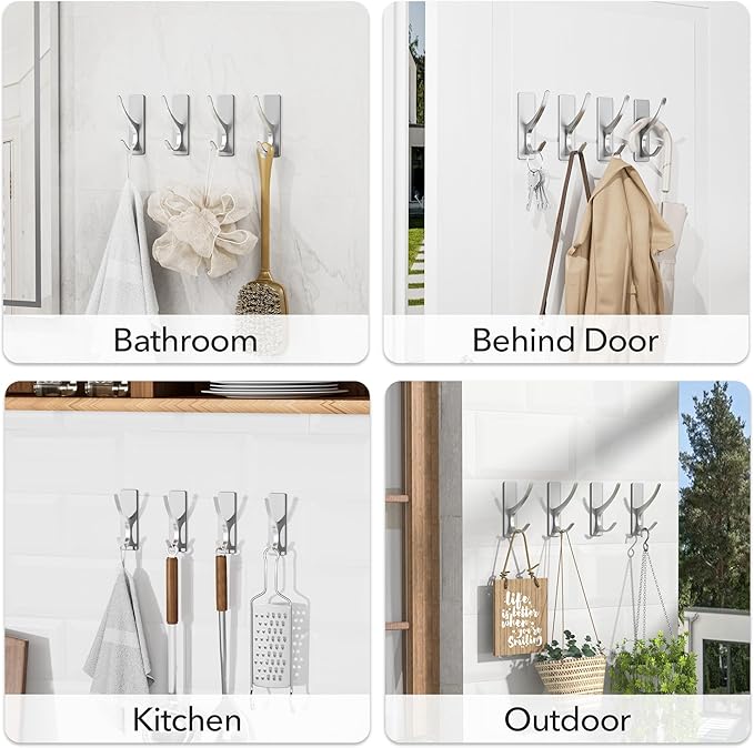 Self-Adhesive Coat Hooks for Hanging - Heavy Duty Stainless Double Wall Hook for Towel, Backpack, Hat, Sturdy Metal Hanger for Bathroom, Bedroom, Door, Wall Mounted, 4-Pack, Silver, New